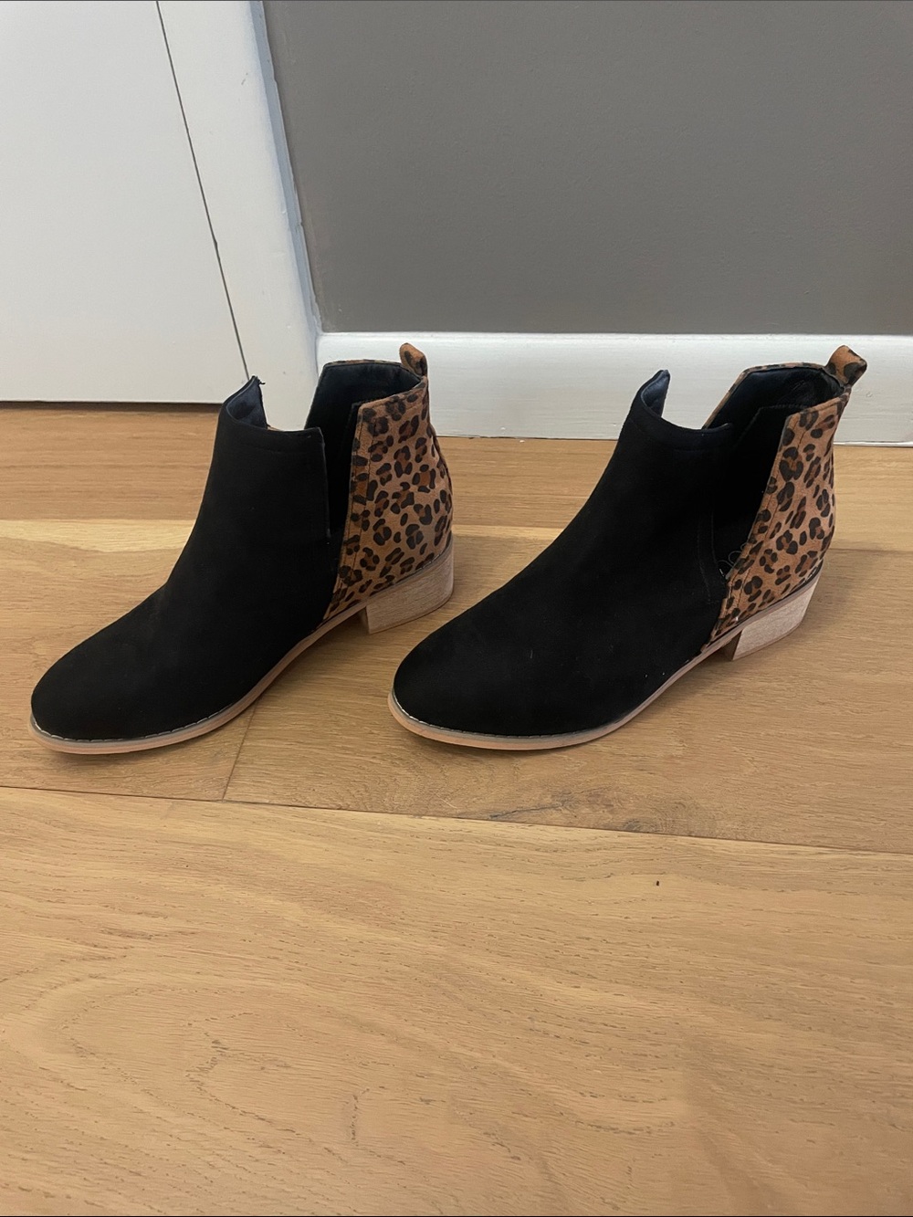 Corkys Black Suede Ankle Boots with Leopard Back Panel